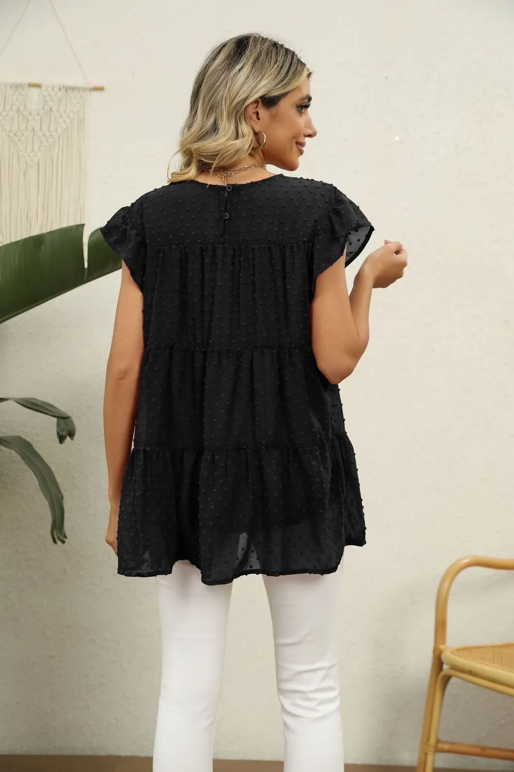 Swiss Dot Round Neck Tiered Blouse, image 15