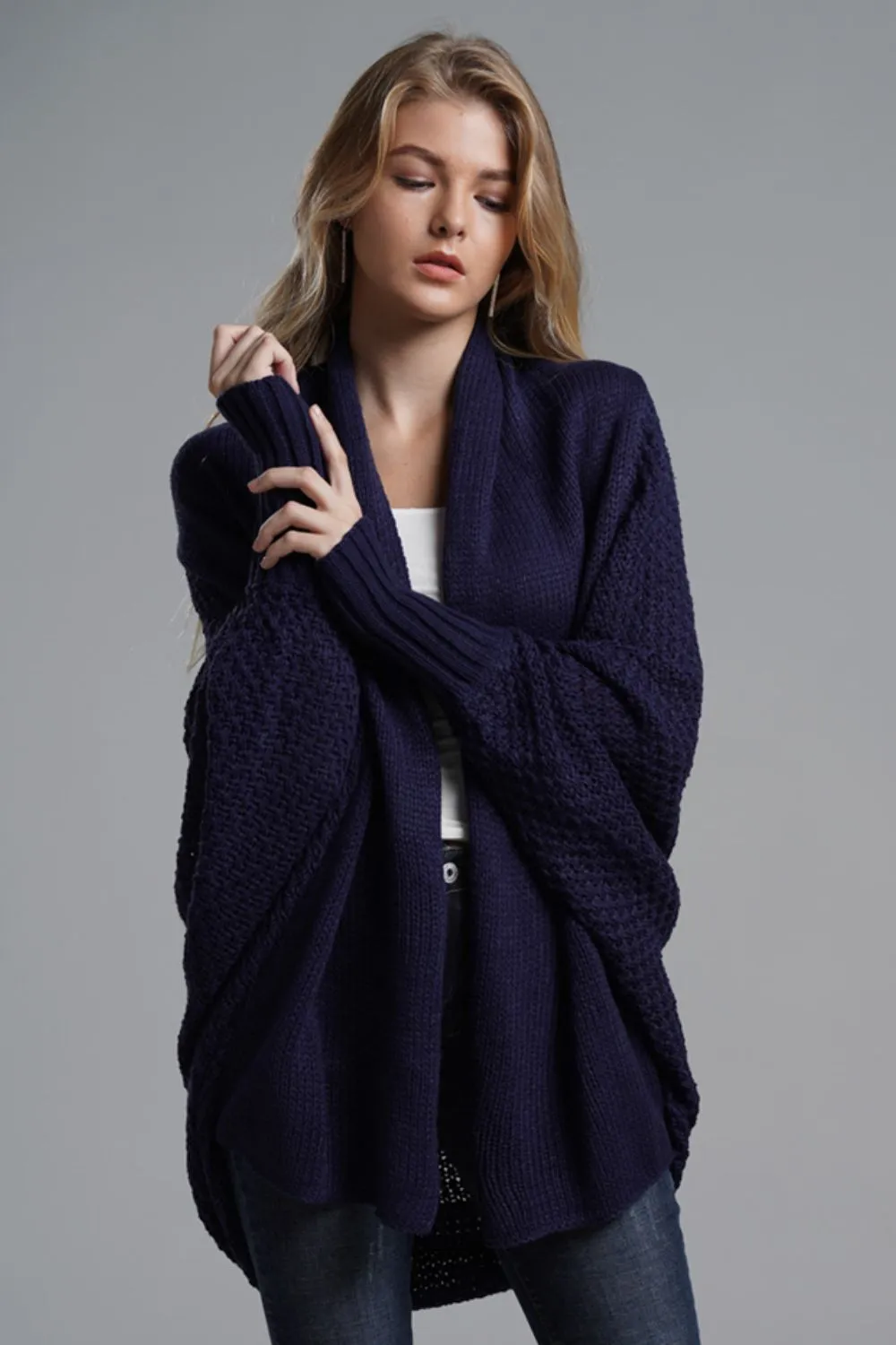 Dolman Sleeve Open Front Ribbed Trim Longline Cardigan, image 9
