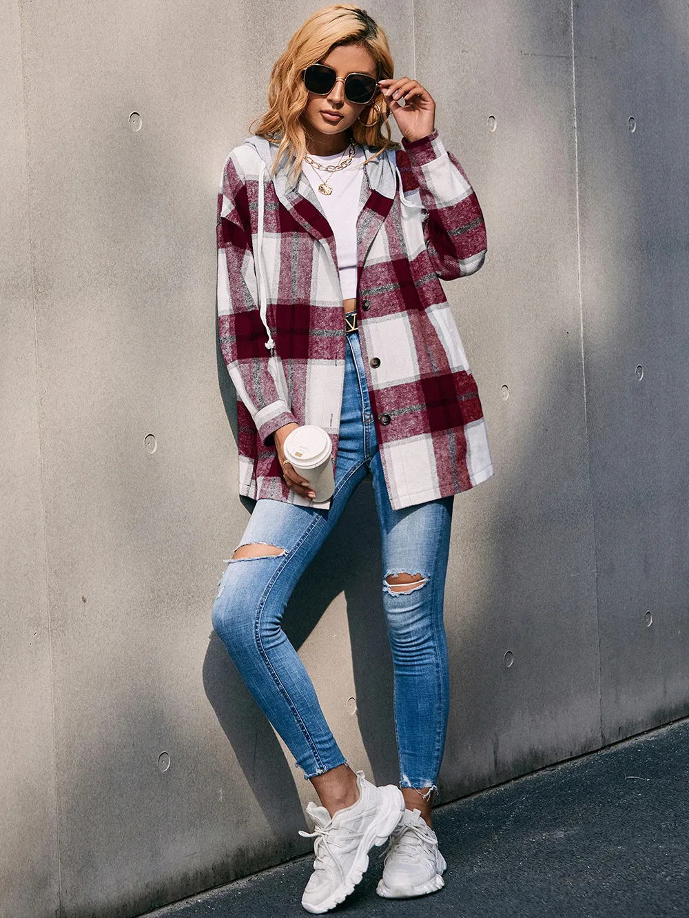 Plaid Dropped Shoulder Hooded Jacket, image 8