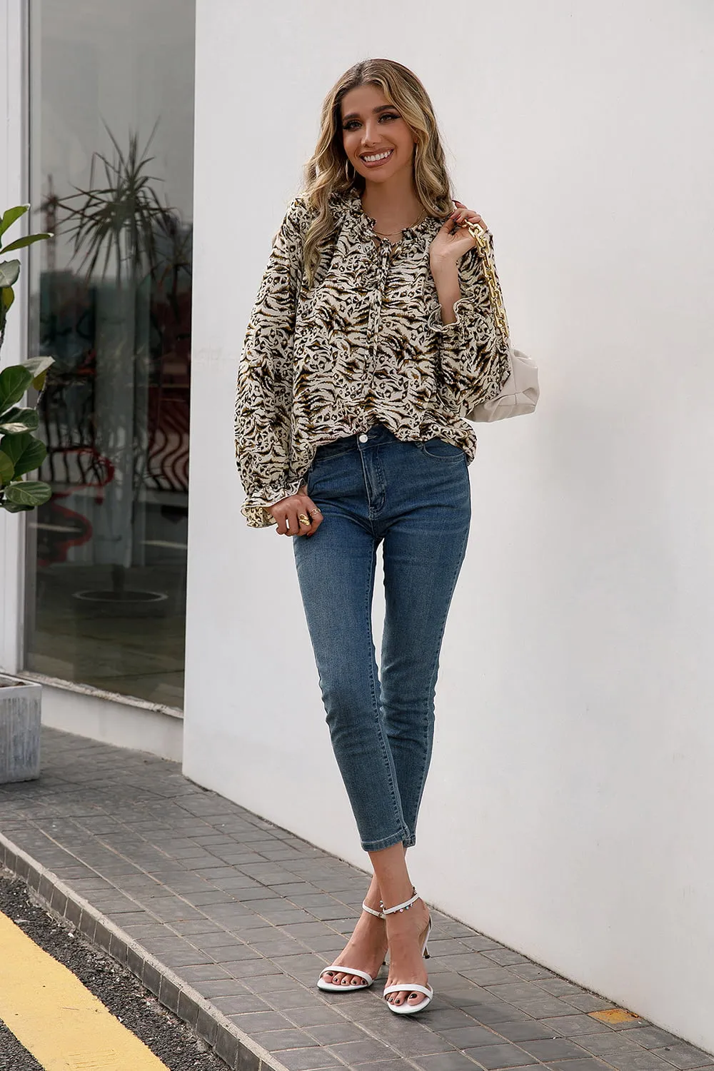 Printed Tie Neck Frill Trim Flounce Sleeve Blouse, image 9