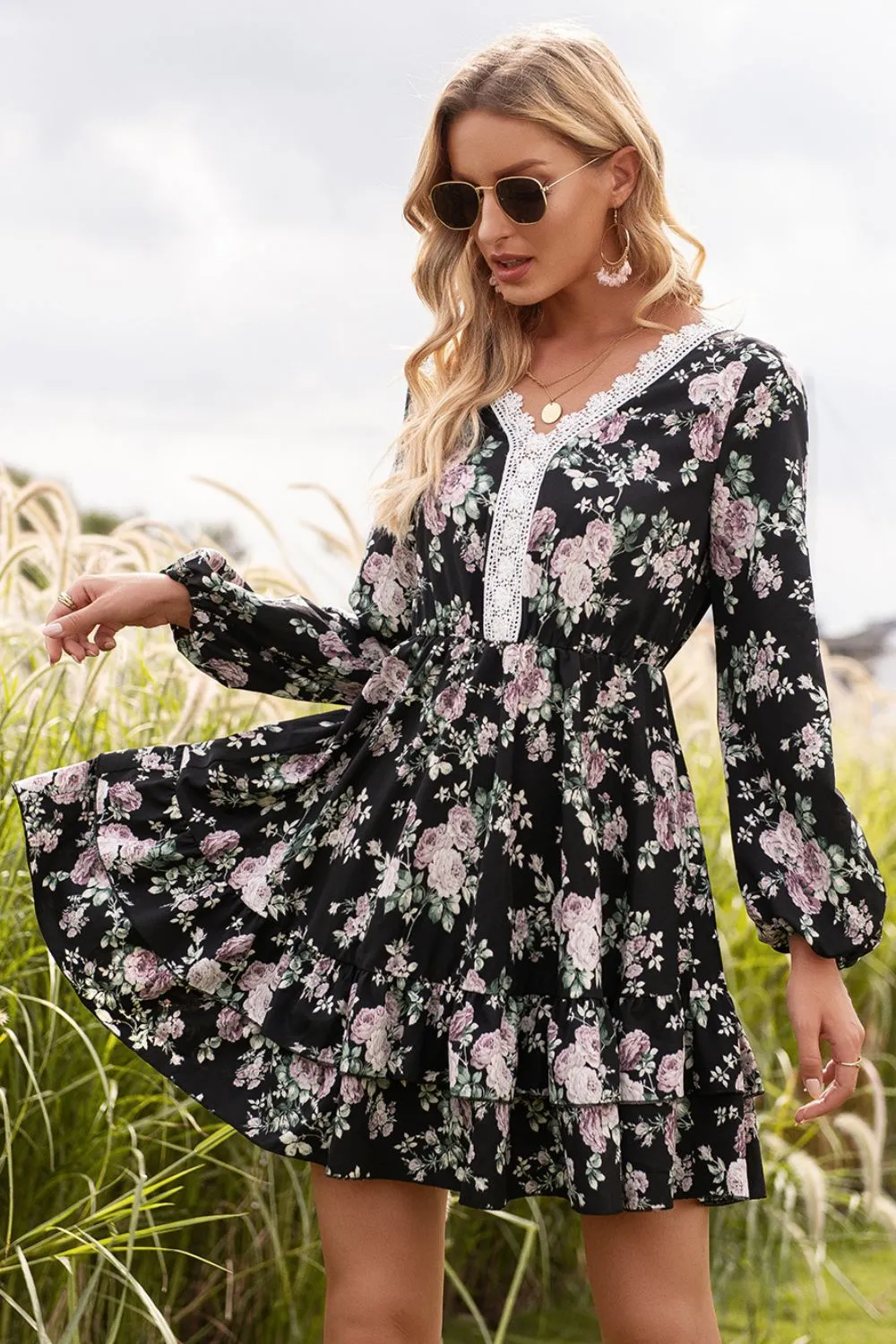 Floral Lace Trim Long Sleeve Dress, image 3
