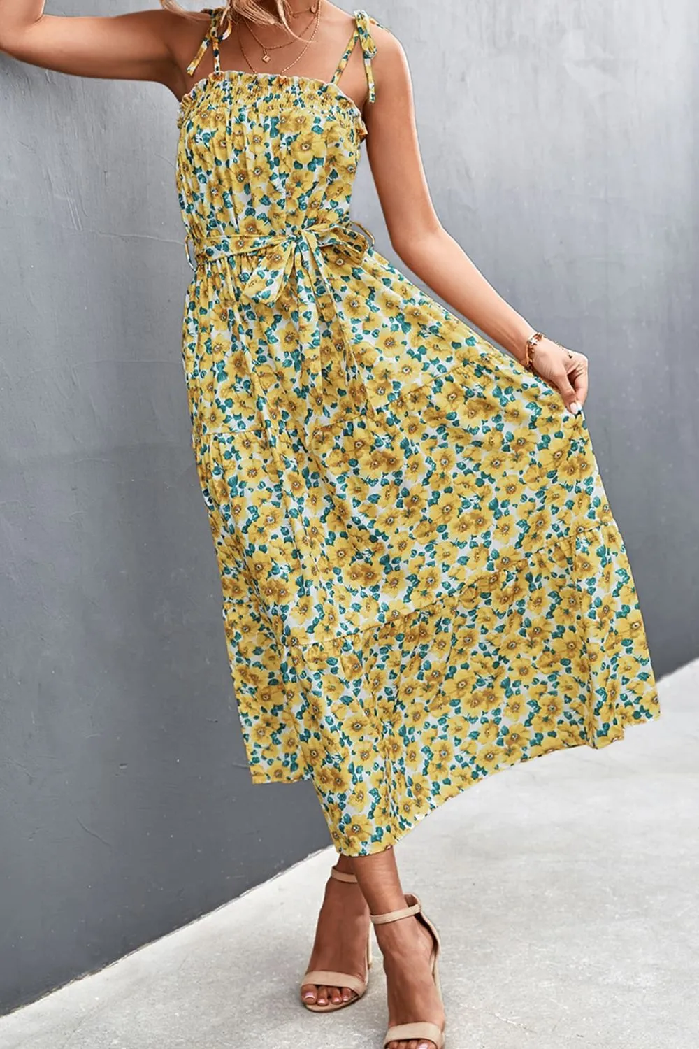 Floral Tie-Shoulder Belted Dress, image 5