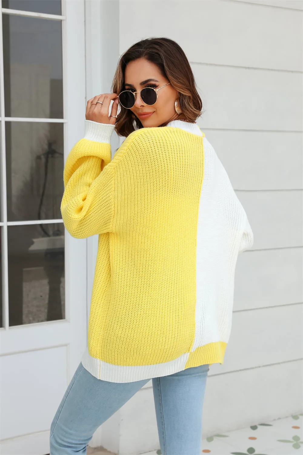 Open Front Contrast Color Balloon Sleeve Cardigan, image 5