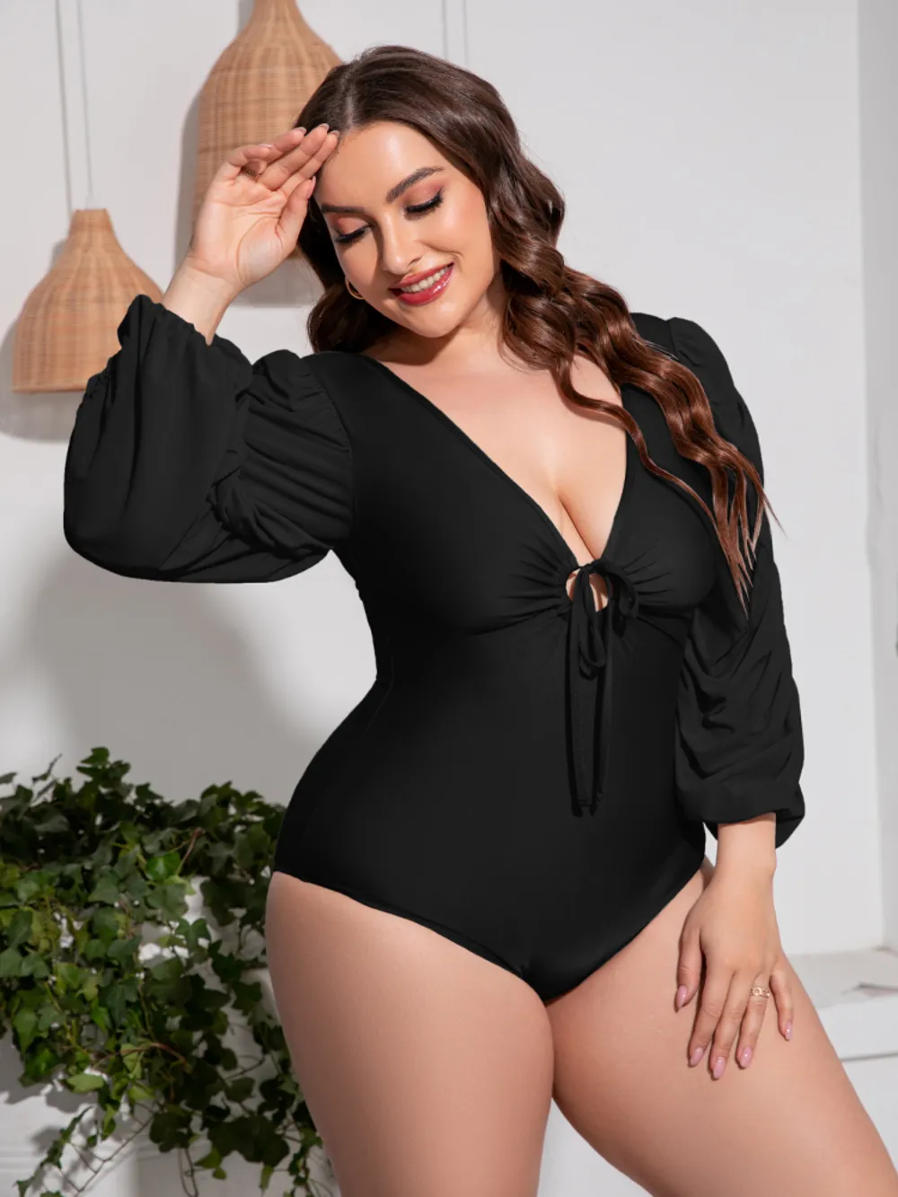 Plus Size Tied Deep V Balloon Sleeve One-Piece Swimsuit, image 6