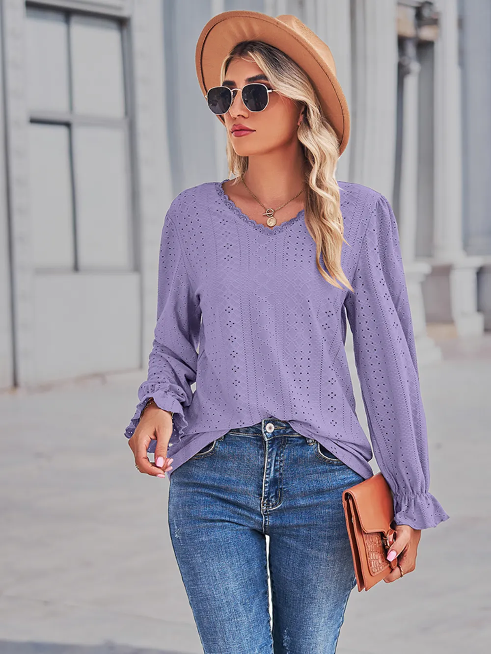 Eyelet V-Neck Flounce Sleeve Blouse, image 11