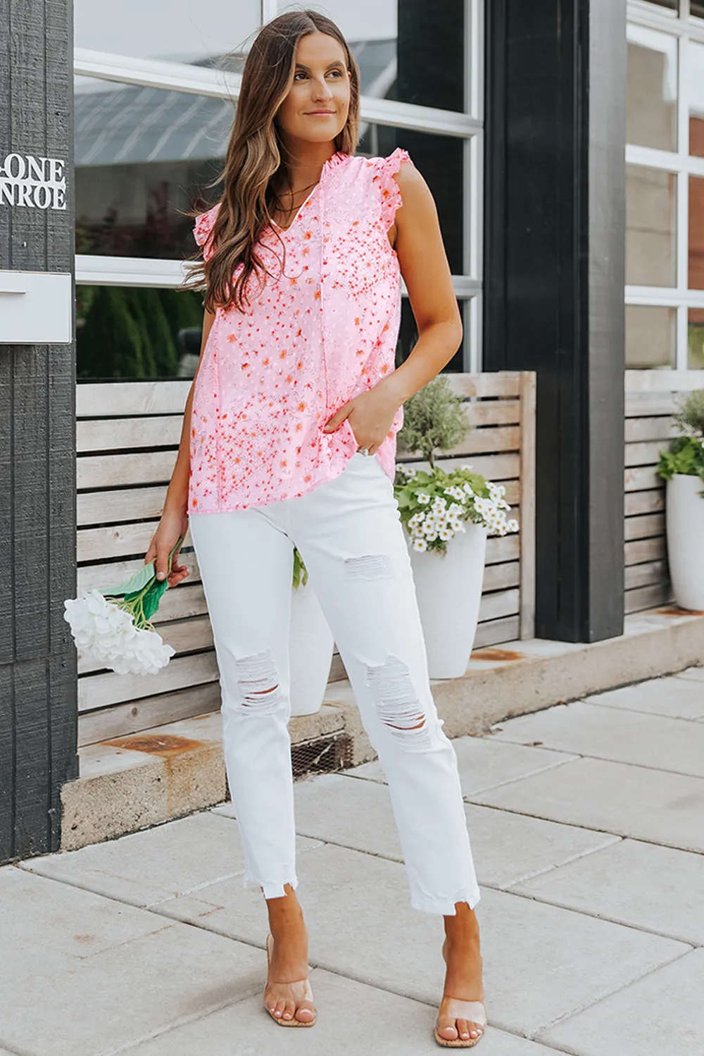 Floral Tie Neck Ruffled Sleeveless Top, image 4