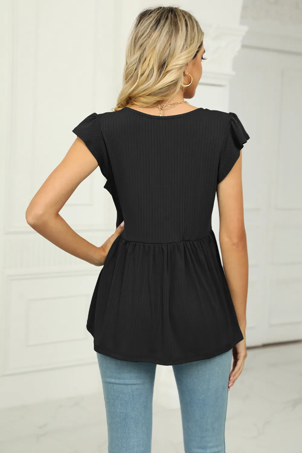 V-Neck Flutter Sleeve Babydoll Blouse, image 9