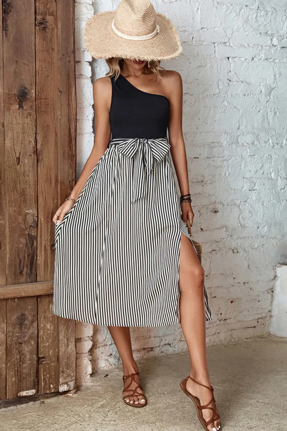 Striped One-Shoulder Slit Dress, image 5
