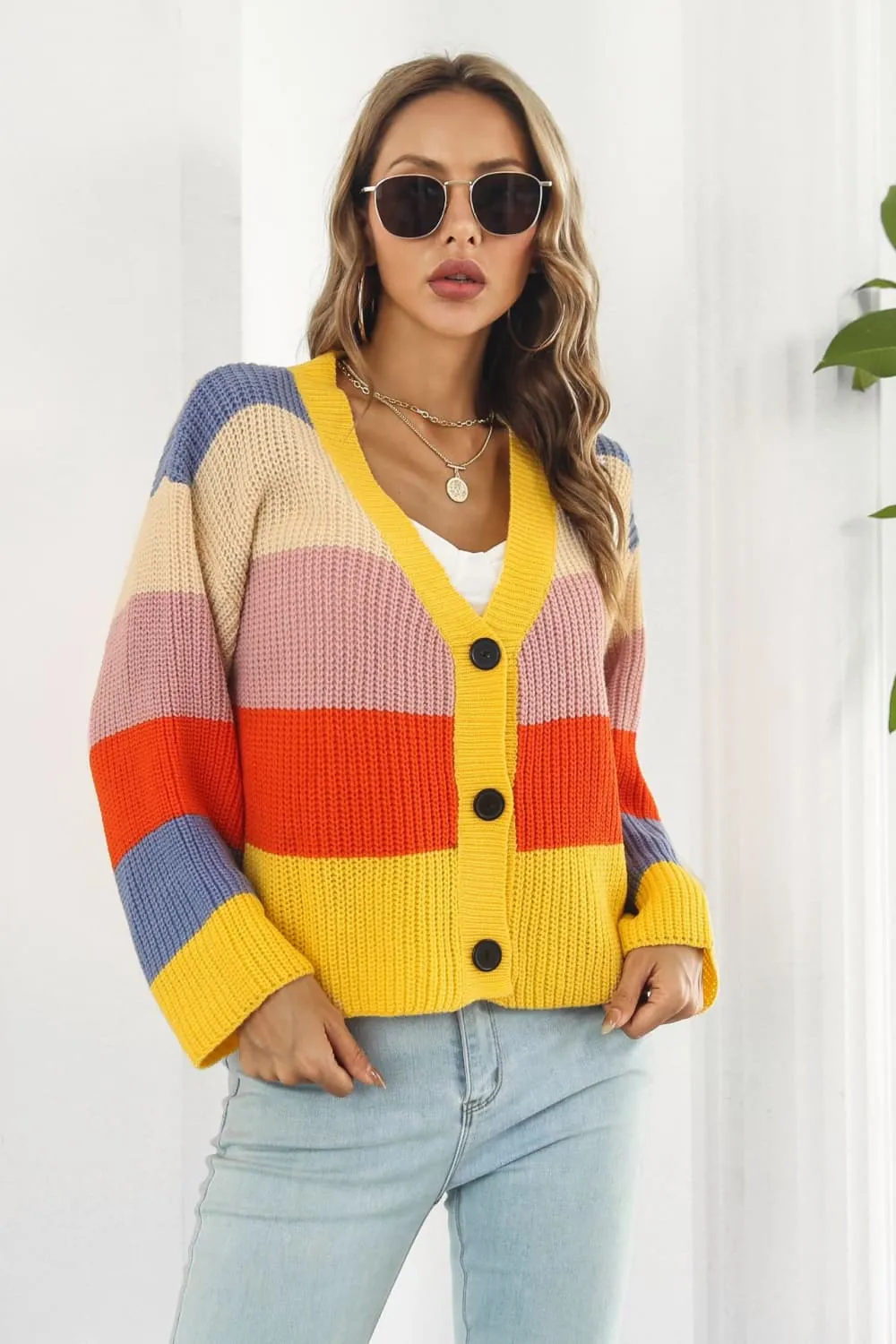 Color Block Button-Down Dropped Shoulder Cardigan, image 3