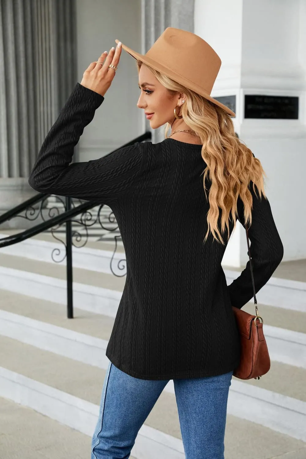 Cable-Knit Long Sleeve V-Neck T-Shirt, image 27