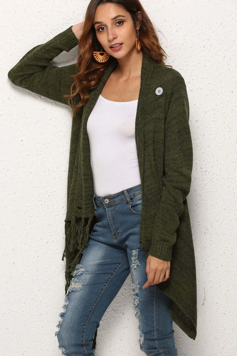 One-Button Tassel Tie Asymmetrical Hem Cardigan, image 9