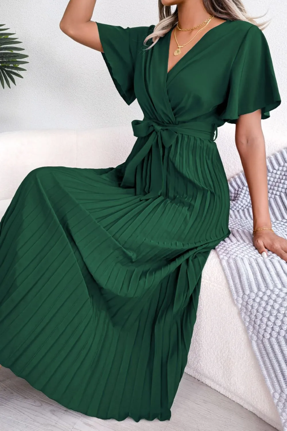 Pleated Flutter Sleeve Belted Dress, image 4