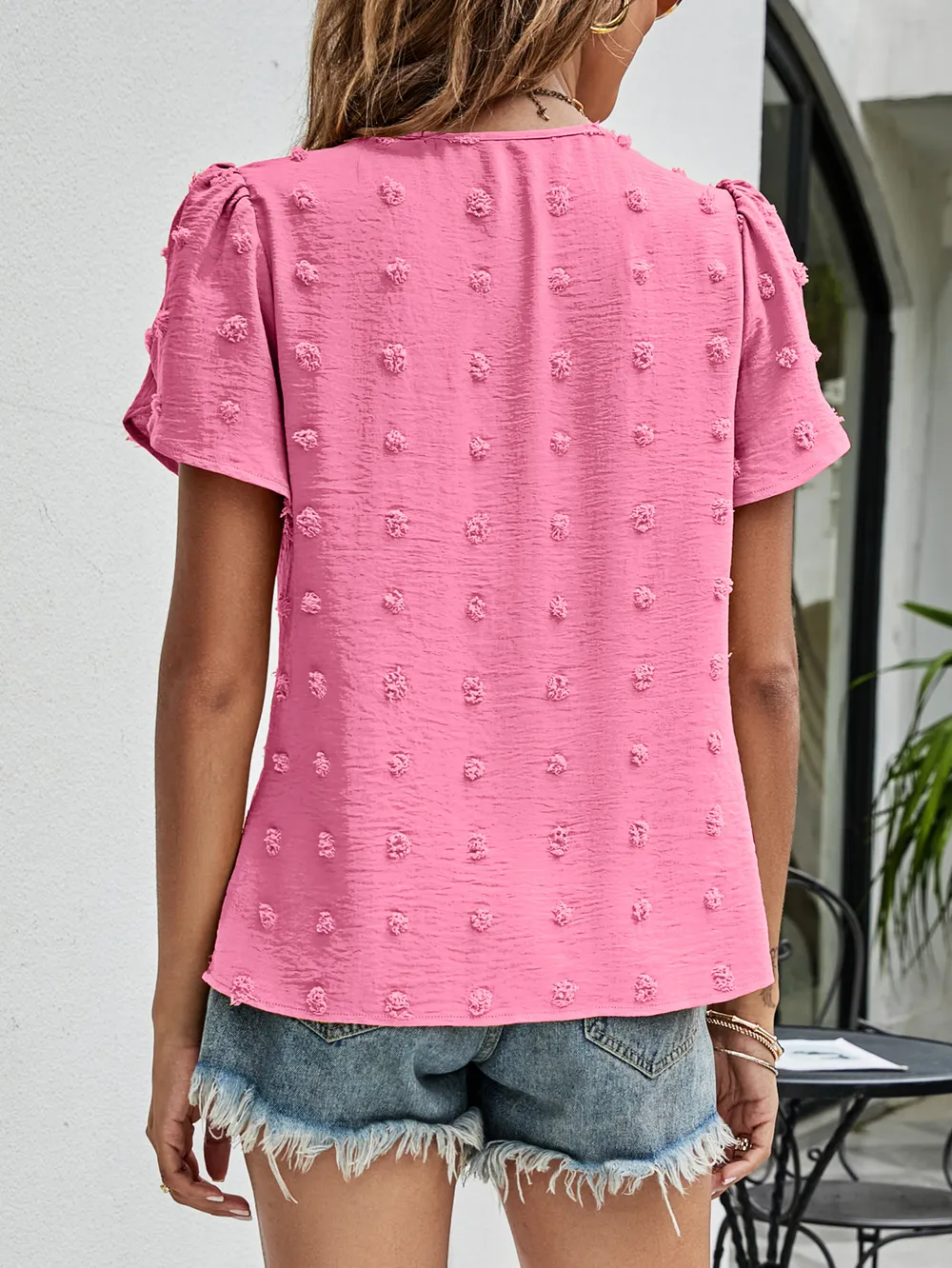 Swiss Dot Round Neck Petal Sleeve Top, image 3
