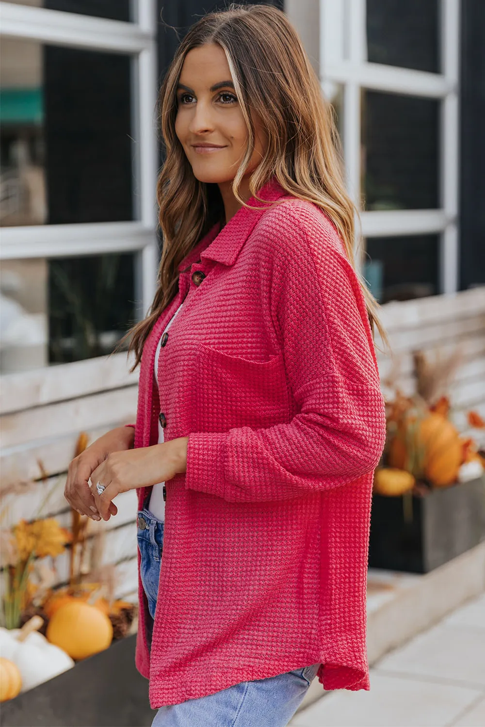 Waffle-Knit Collared Neck Dropped Shoulder Shirt, image 5