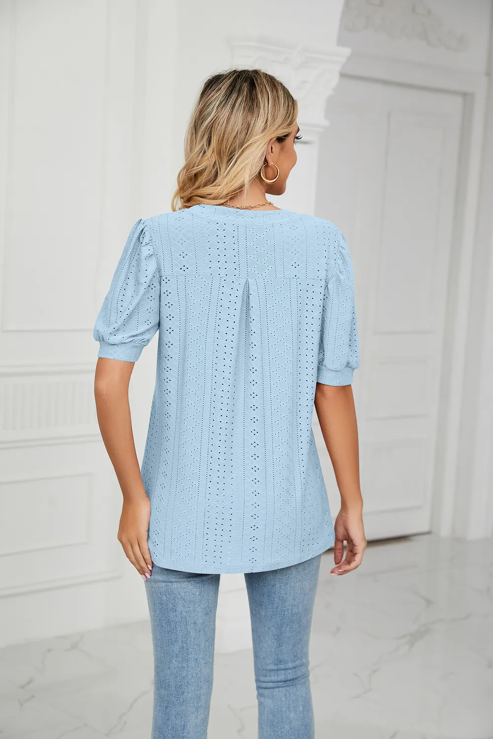 Eyelet Short Puff Sleeve Notched Neck Top, image 13
