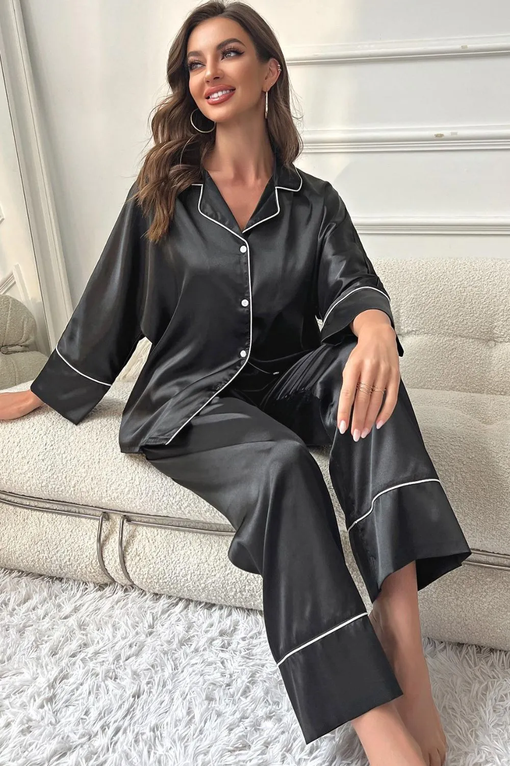 Contrast Piping Button-Up Top and Pants Pajama Set, image 6