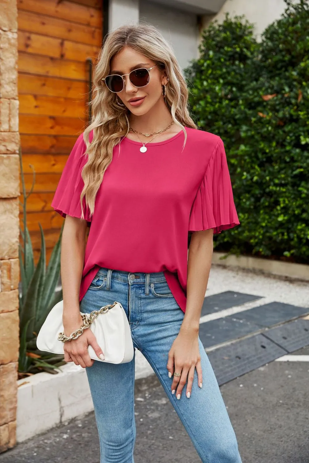 Pleated Flutter Sleeve Round Neck Blouse, image 17