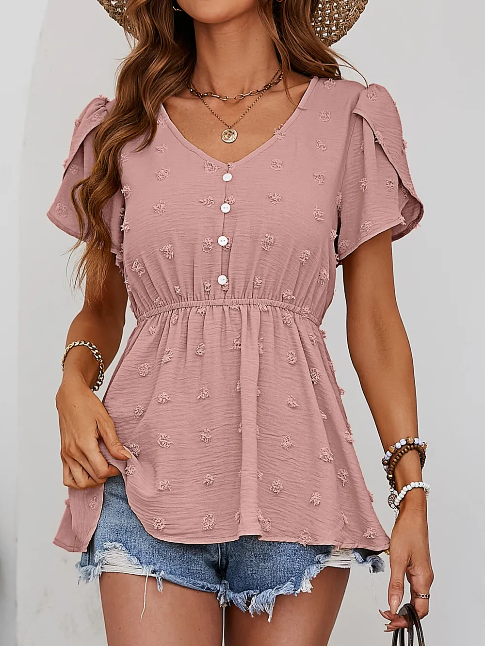 Swiss Dot Buttoned Petal Sleeve Peplum Blouse, image 5