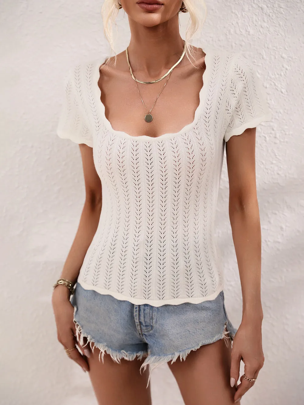 Scalloped Hem Square Neck Knit Top, image 4