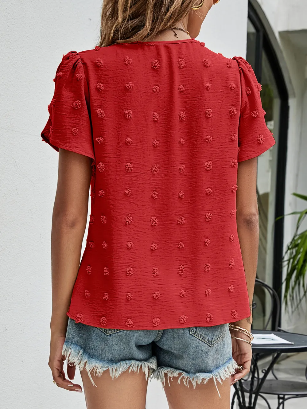 Swiss Dot Round Neck Petal Sleeve Top, image 18