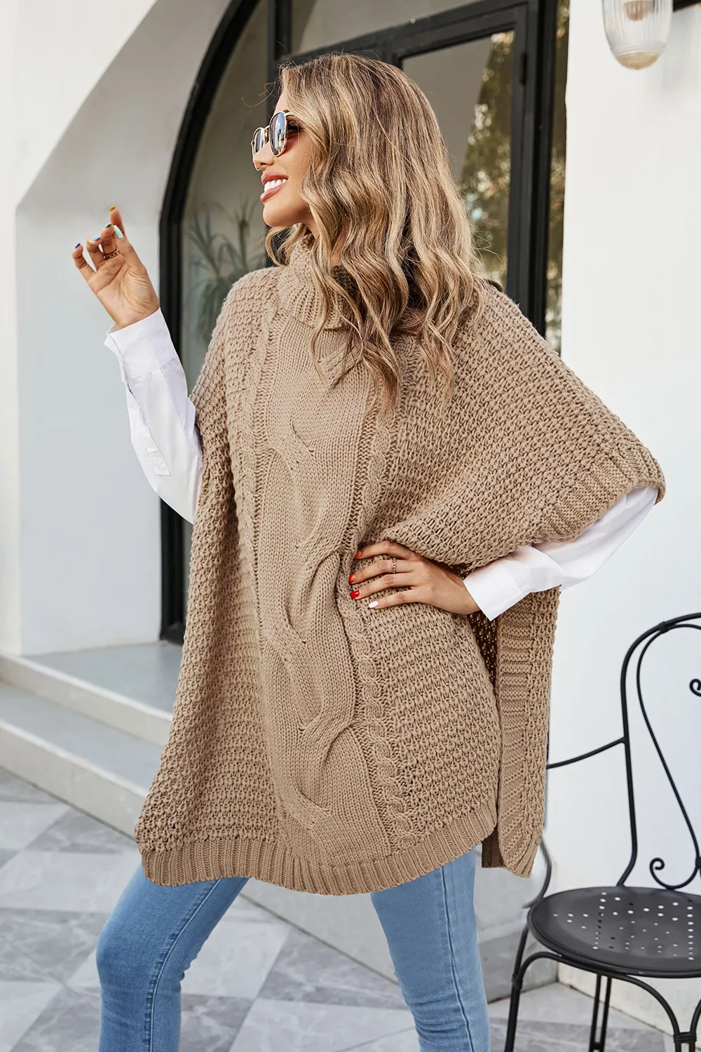 Cable-Knit Turtleneck Slit Sweater, image 5