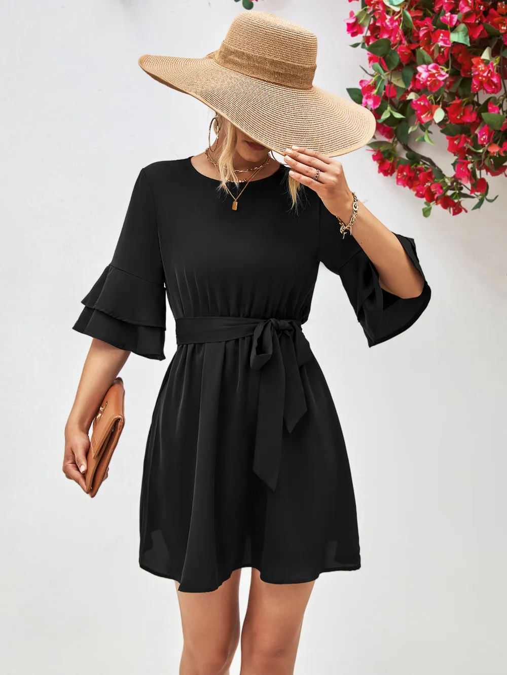 Round Neck Tie Belt Flounce Sleeve Dress, image 8