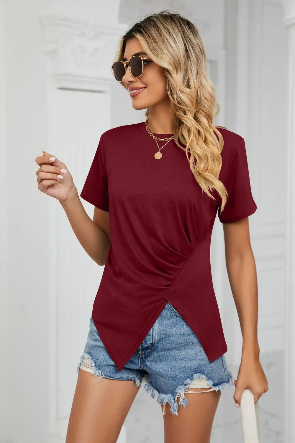 Ruched Hem Detail Crewneck T-Shirt, image 6