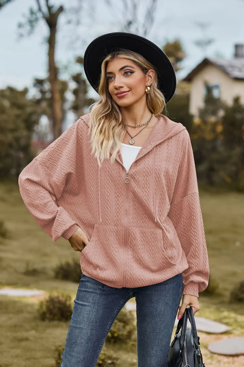 Cable-Knit Long Sleeve Hooded Jacket, image 2