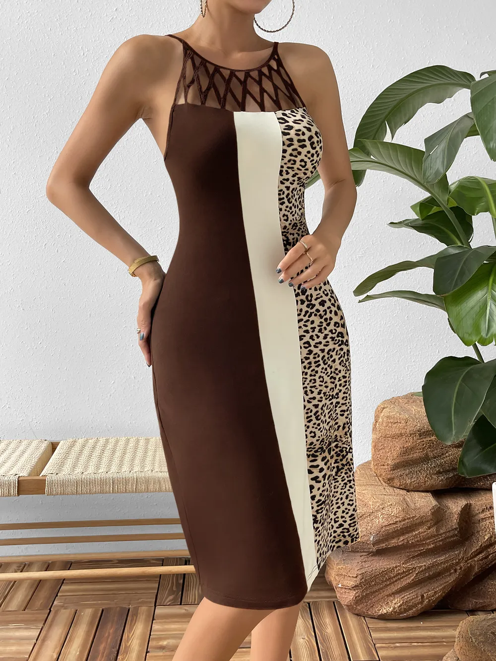 Leopard Color Block Cutout Sleeveless Knee-Length Dress, image 7