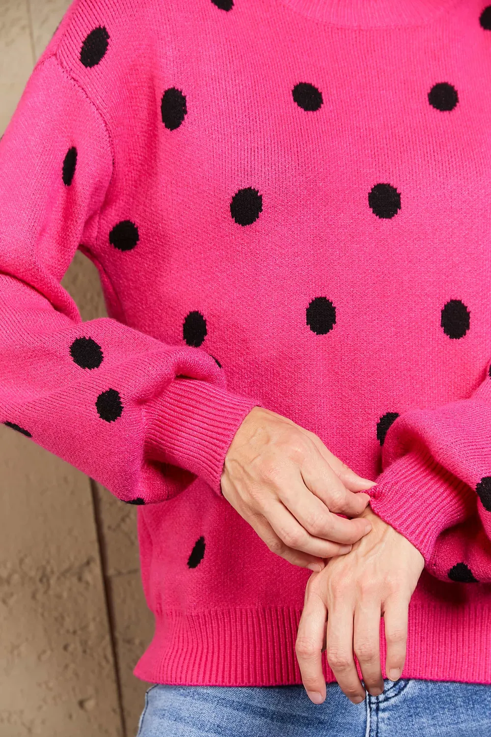 Polka Dot Round Neck Dropped Shoulder Sweater, image 5