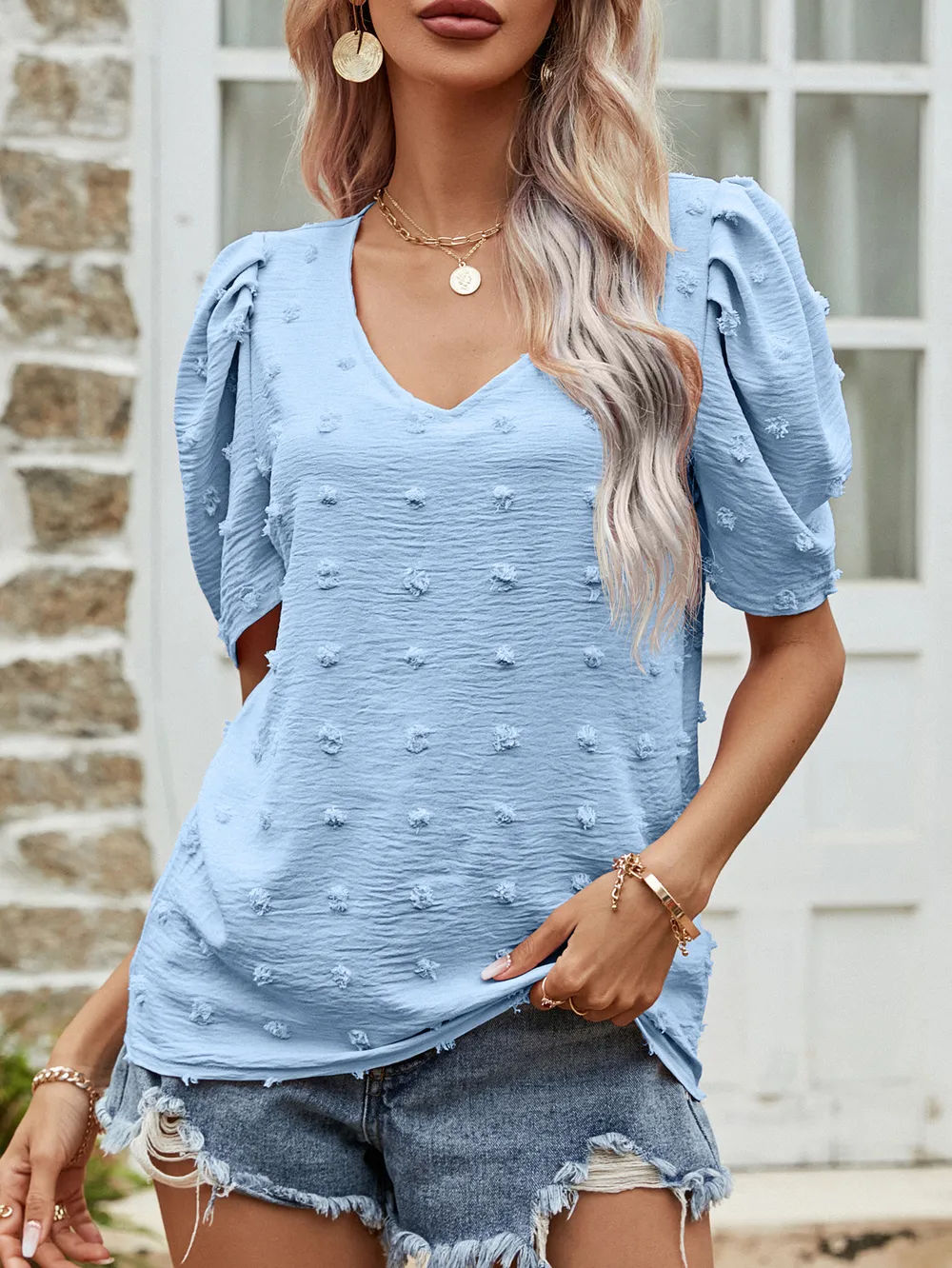 Swiss Dot Short Puff Sleeve Top, image 7