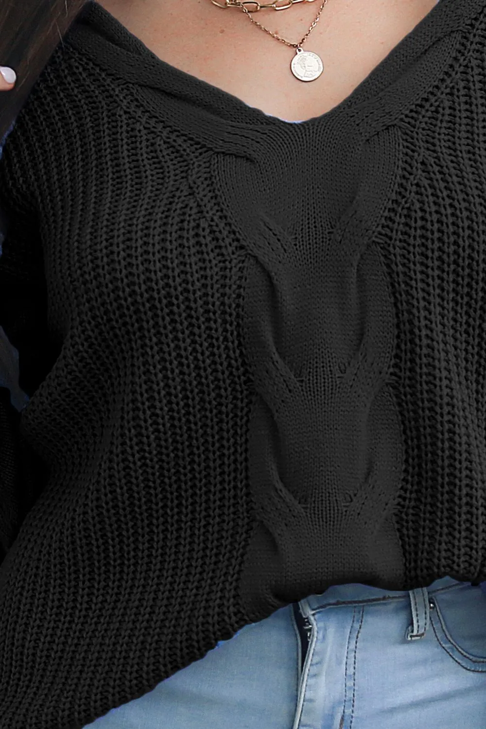 Cable-Knit V-Neck Sweater, image 3