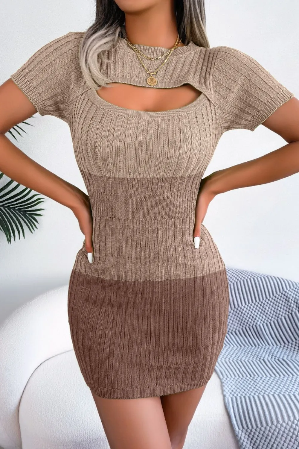 Color Block Cutout Short Sleeve Sweater Dress, image 7