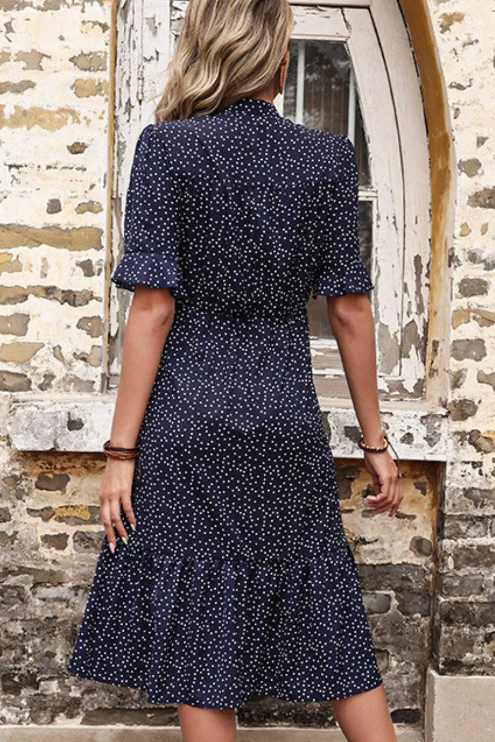 Polka Dot Tie Front Ruffled Midi Dress, image 4