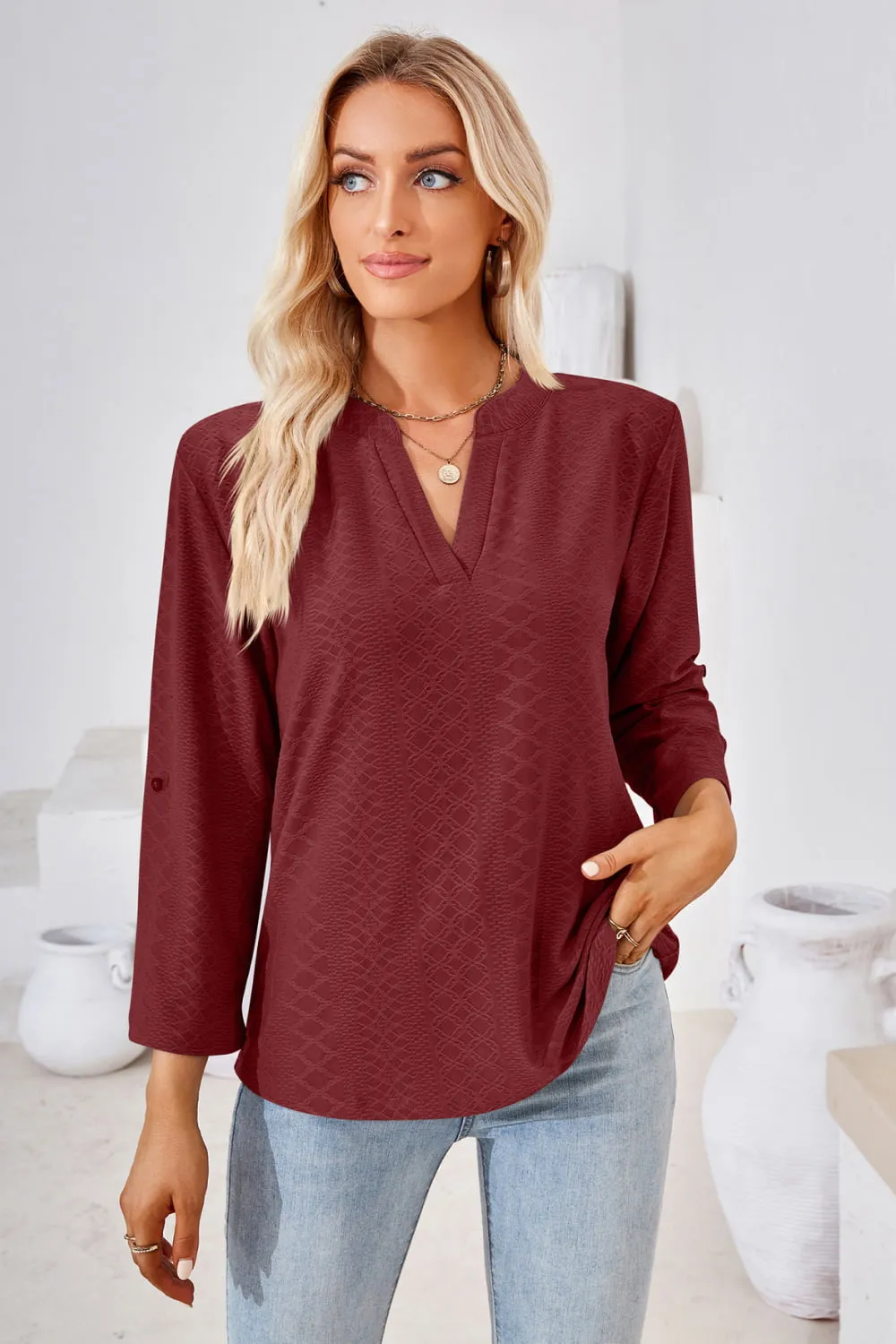 V-Neck Roll-Tap Sleeve Blouse, image 7