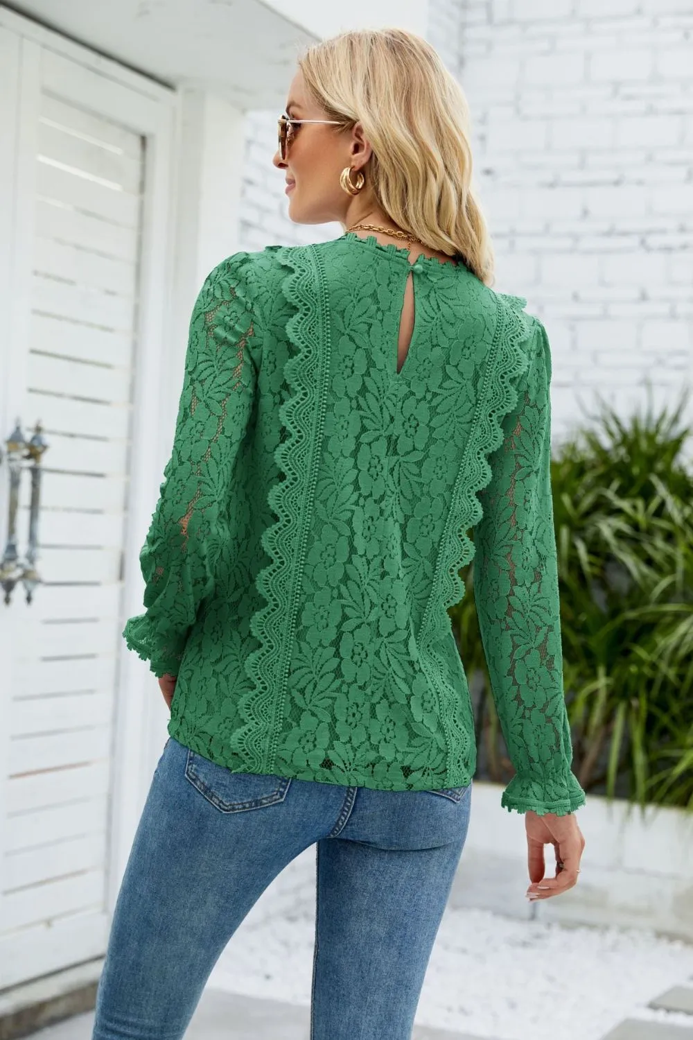 V-Neck Flounce Sleeve Lace Top, image 6