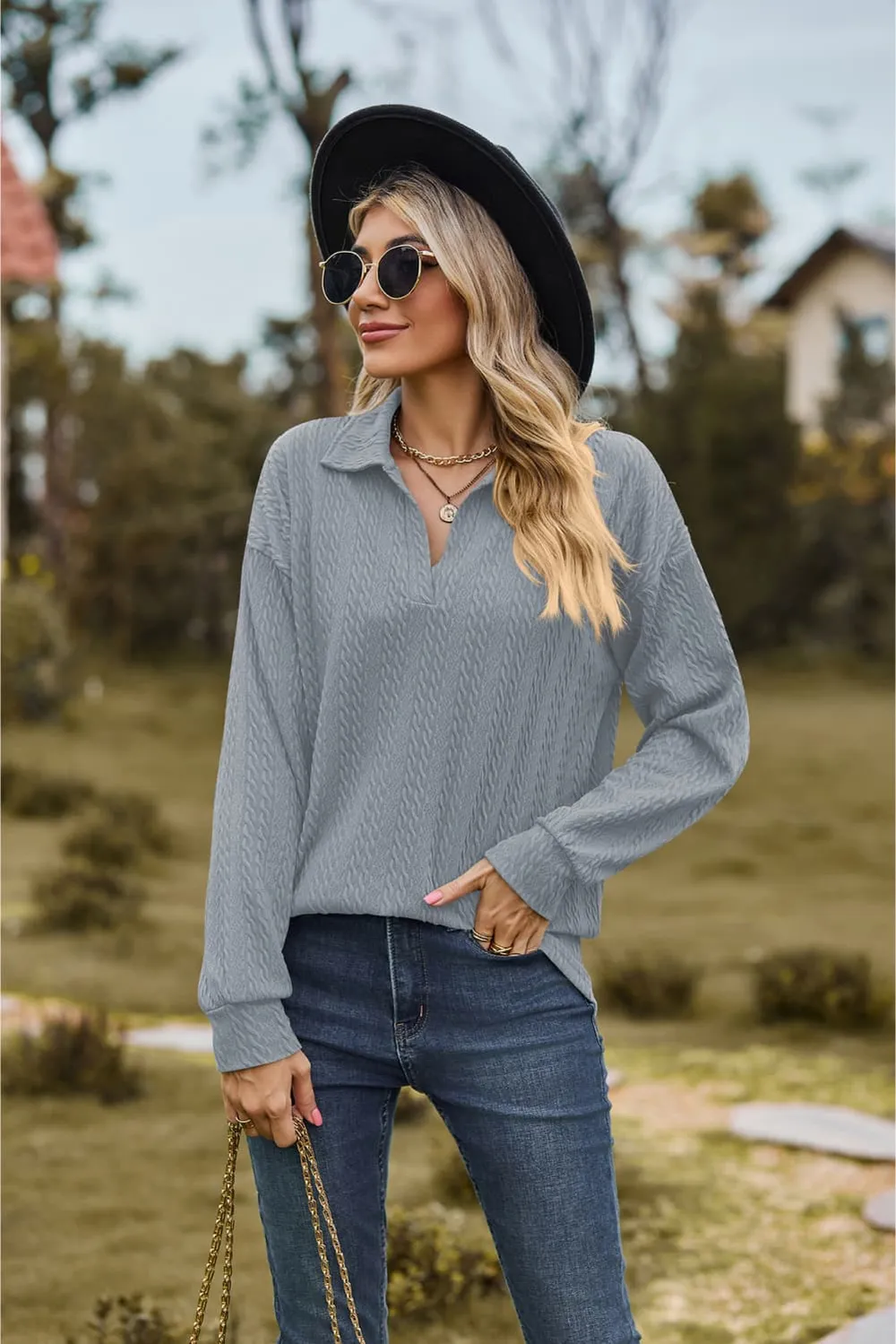 Collared Neck Cable-Knit Long Sleeve Blouse, image 18