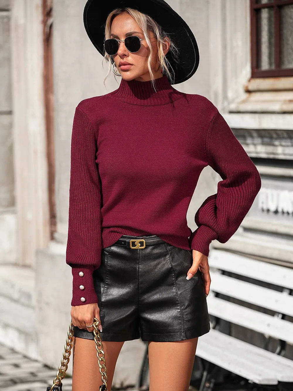 Mock Neck Ribbed Lantern Sleeve Pullover Sweater, image 10