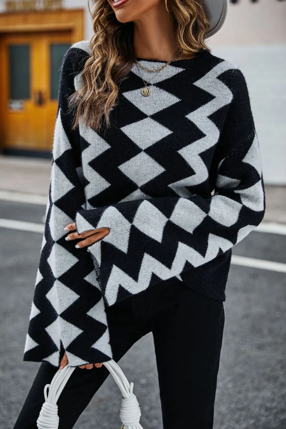 Geometric Slit Flare Sleeve Round Neck Sweater, image 4