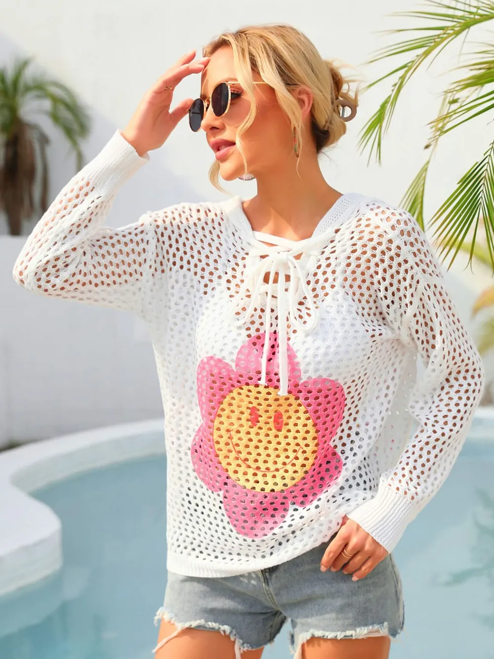 Flower Graphic Lace-Up Openwork Hooded Cover Up, image 3