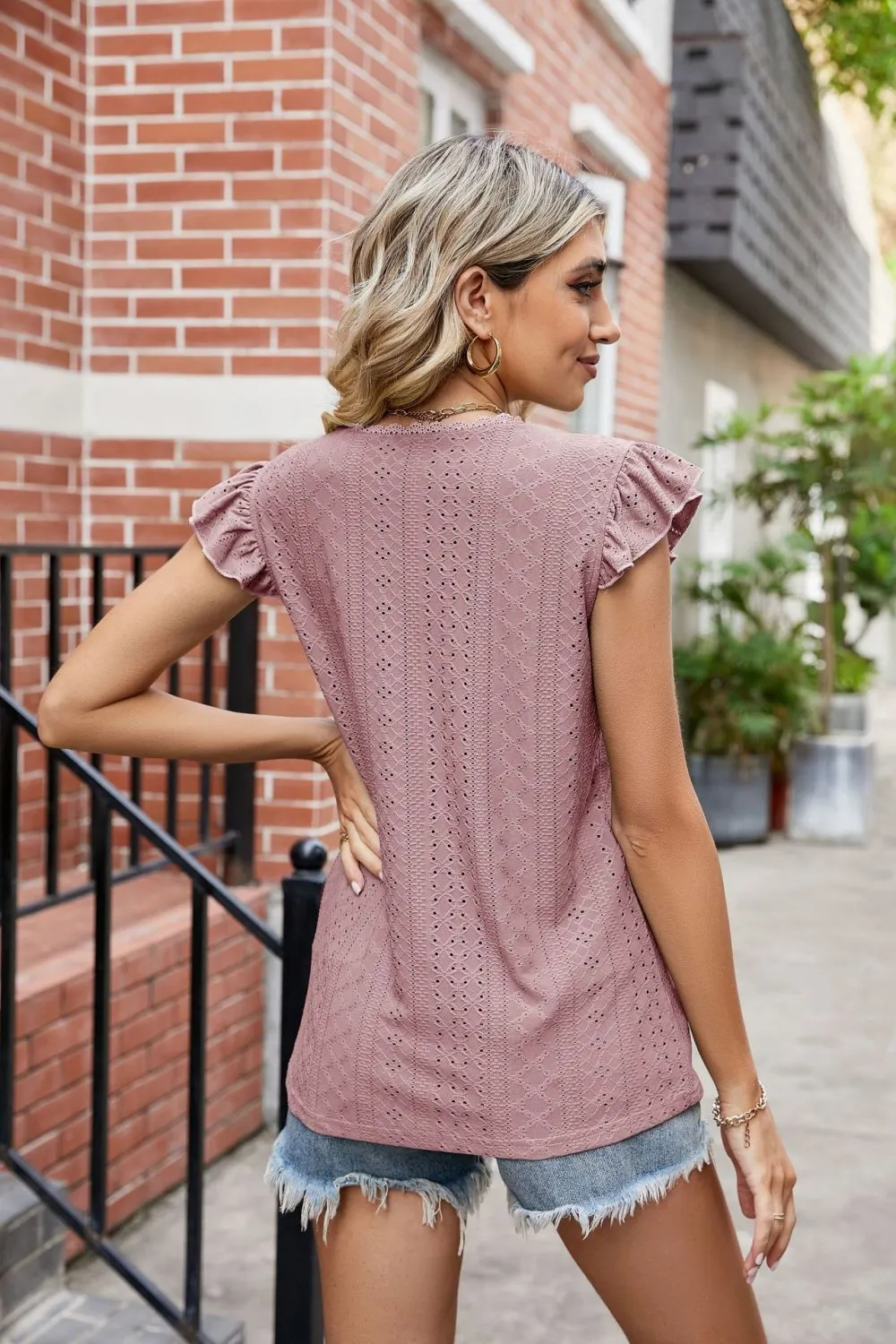 Eyelet Flutter Sleeve Scalloped V-Neck Top, image 20
