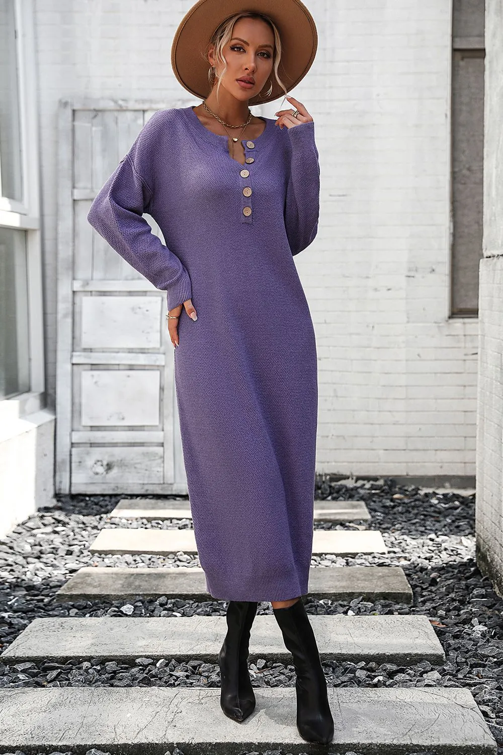 Notched Neck Dropped Shoulder Button-Down Midi Dress, image 2