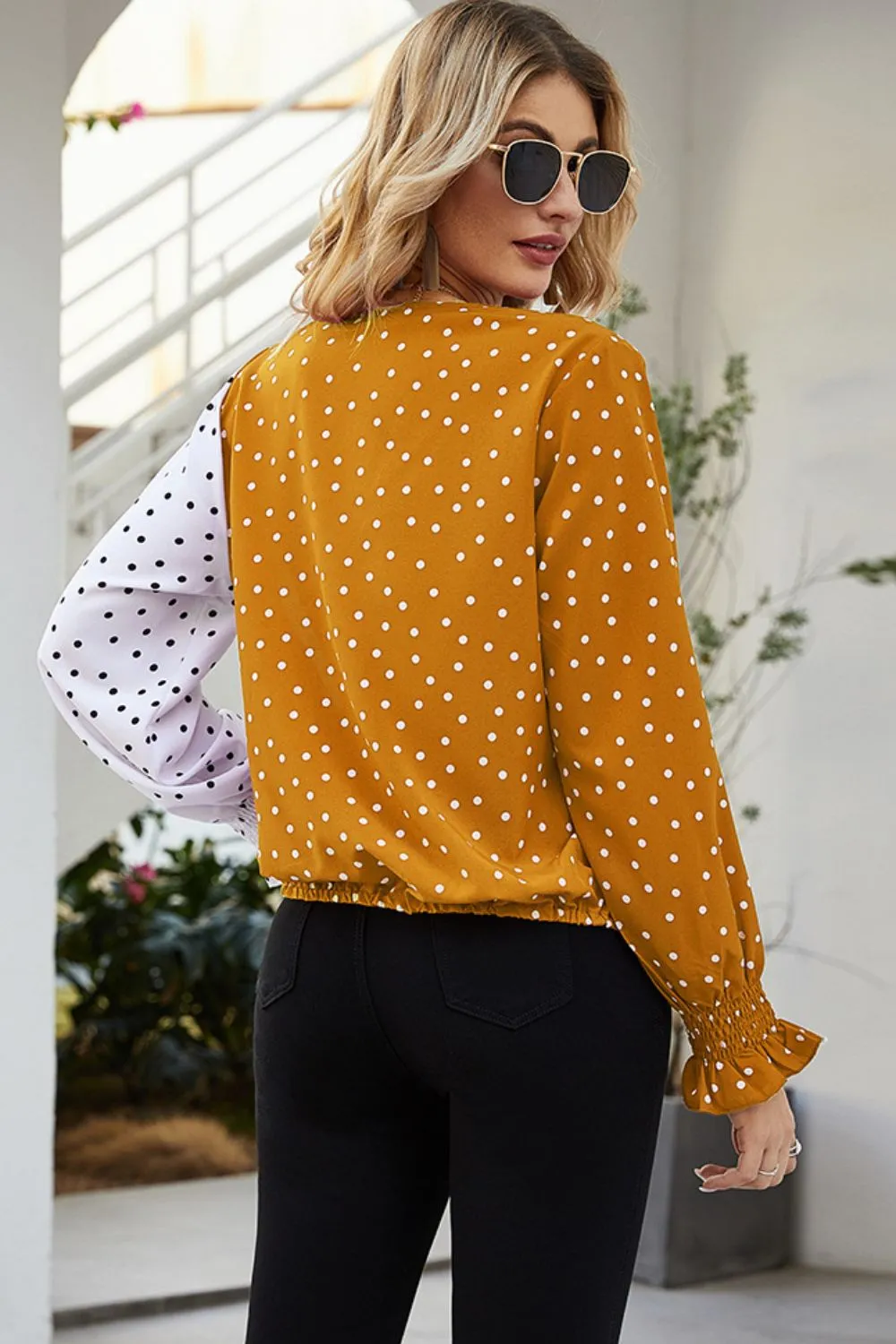 Polka Dot Surplice Neck Lantern Sleeve Blouse, image 3