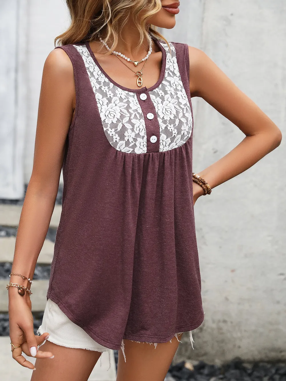 Lace Contrast Scoop Neck Tank, image 9