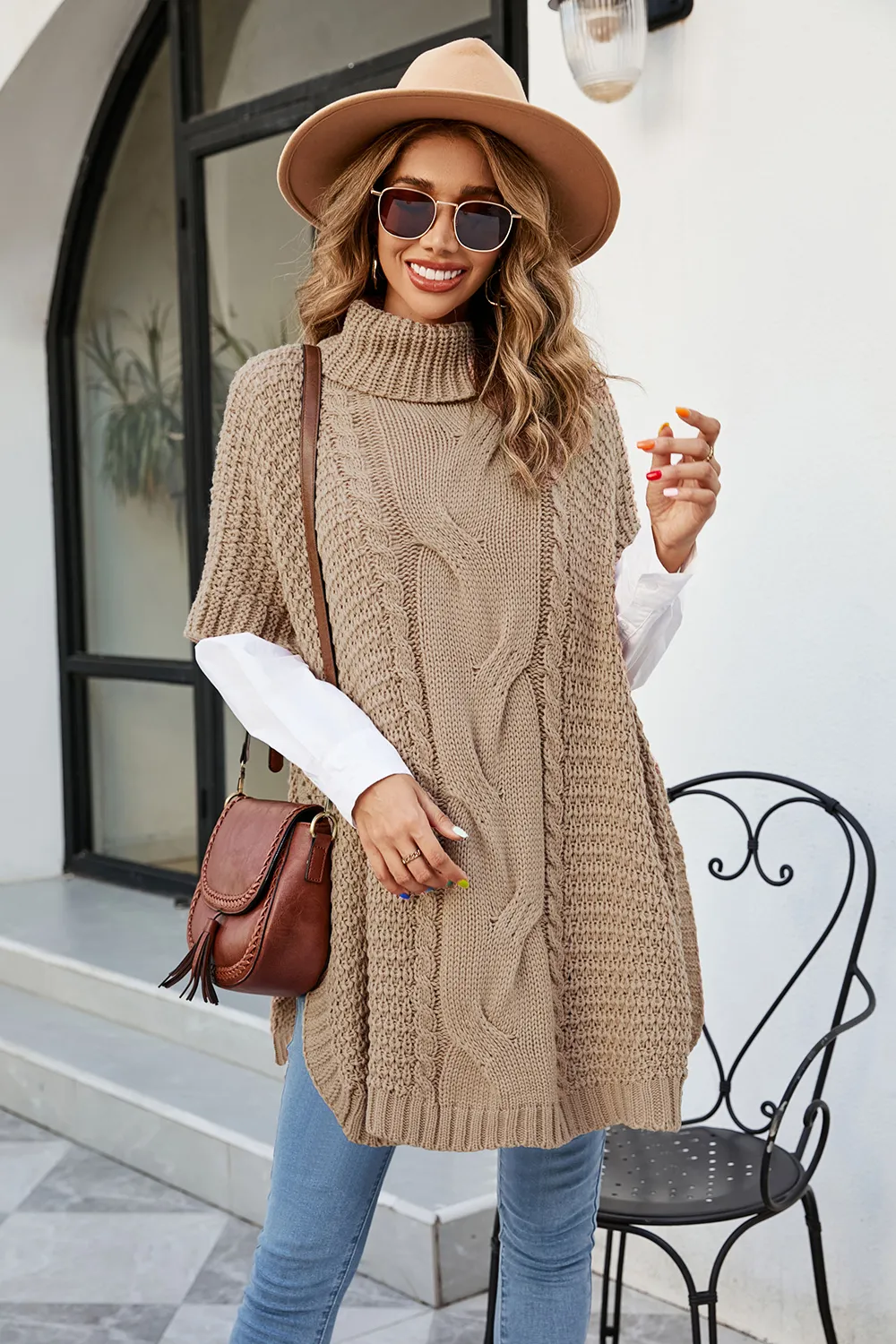 Cable-Knit Turtleneck Slit Sweater, image 4
