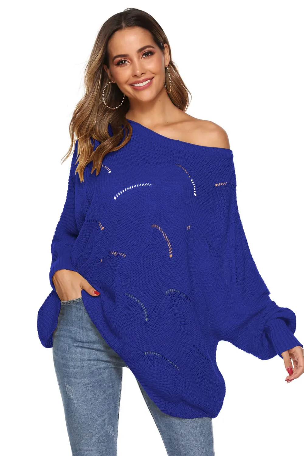 Round Neck Long Sleeve Openwork Sweater, image 13