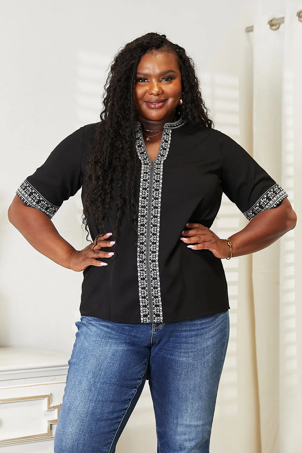Embroidered Notched Neck Top, image 10