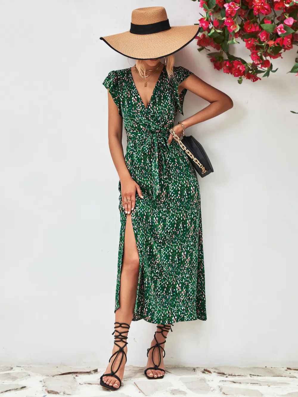 Printed Surplice Neck Flutter Sleeve Slit Dress, image 11