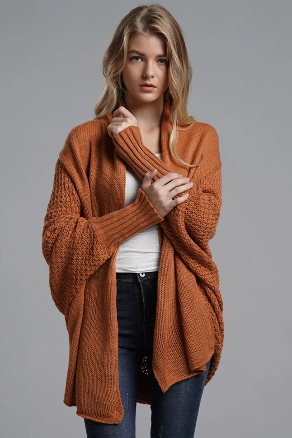 Dolman Sleeve Open Front Ribbed Trim Longline Cardigan, image 29