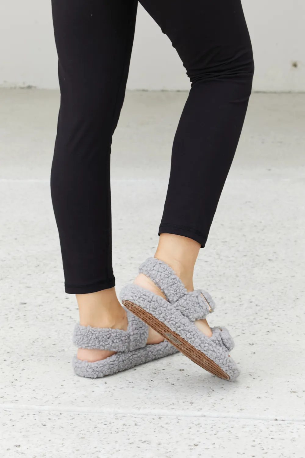 Cozy Atmosphere Faux Fur Buckled Sandals in Grey, image 6